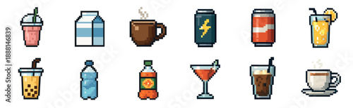 Collection of various pixel art drinks including coffee, soda, milk, juice, and cocktails, rendered in a charming 8-bit retro video game style for use as icons or sprites