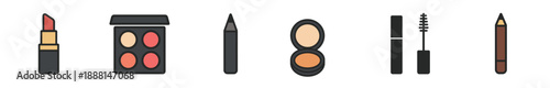 Collection of colorful makeup product icons including lipstick, eyeshadow, eyeliner, powder, mascara, and a cosmetic pencil arranged in a row in a minimalist flat design style
