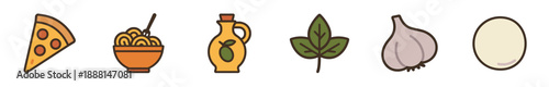 Set of six food icons representing Italian cuisine including pizza, pasta, olive oil, basil, garlic, and mozzarella cheese, illustrated in a simple flat cartoon style with a bold outline