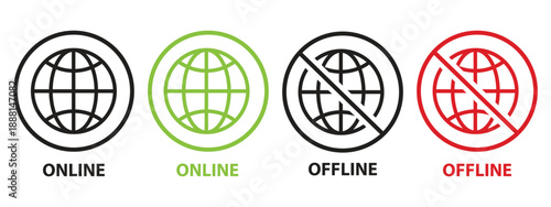 Online and offline internet icon, Set of online and offline internet icons red and green color, Online and offline internet connection Icons, Set of connect and disconnect internet connection