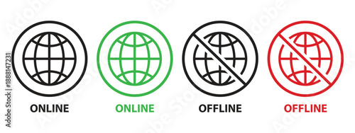 Set of online and offline internet icons, red and green vector symbols including globe with no signal and full signal, ideal for network status graphics, internet connectivity design