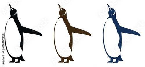 Set of three colorful penguin silhouettes looking upwards with outstretched wings
