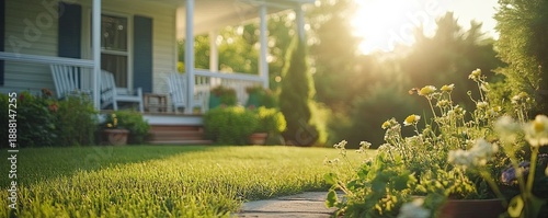 beautiful house lawn grass flowers garden sunlight sunny green yard residential property real estate peaceful serene idyllic tranquil sitting area outdoor nature beauty serenity