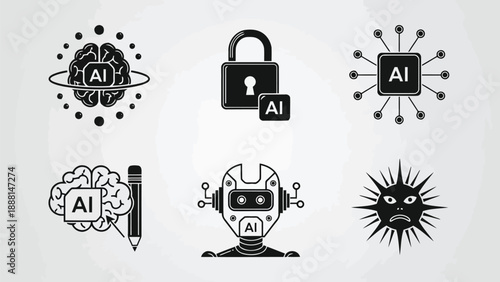 Artificial intelligence concepts illustrated with brain lock robot and pen icons in a monochrome style