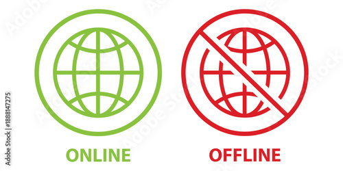 Set of online and offline internet icons, red and green vector symbols including globe with no signal and full signal, ideal for network status graphics, internet connectivity design
