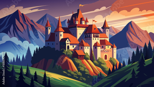 Very beautiful Dracula Castle near Brașov stands proudly above rolling hills and forests, offering a striking medieval silhouette that defines Transylvania’s legendary atmosphere and Romania’s most re