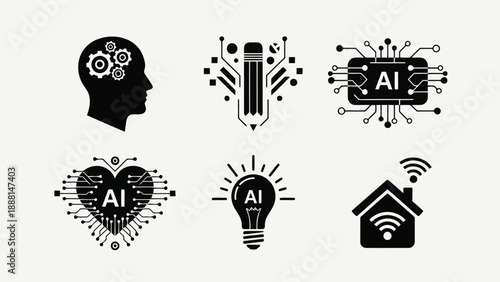 Artificial intelligence concepts illustrated with icons representing brain circuits heart lightbulb and smart home technology