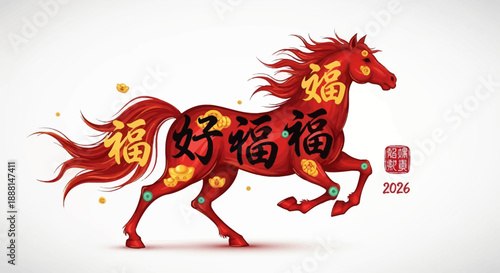 A vibrant red horse adorned with golden Chinese characters for good fortune and prosperity, celebrating the Year of the Horse with traditional cultural elements and a dynamic pose.