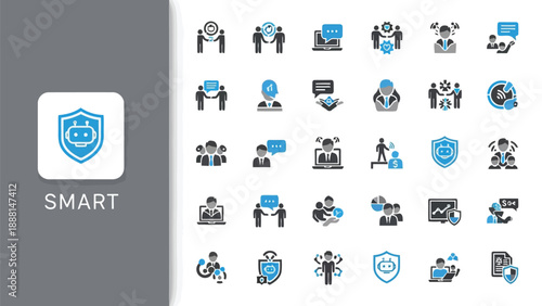A collection of various blue icons representing security technology and digital solutions displayed on a white background