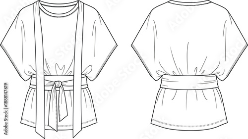 Women’s belted top front and back technical sketch, vector illustration, editable design, isolated fashion garment construction symbol