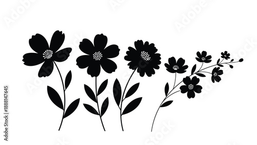A simple black and white illustration depicting several wildflowers with delicate petals and slender stems gracefully arranged