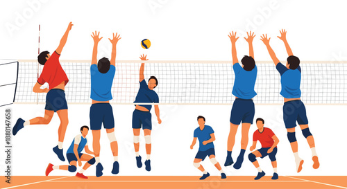 Volleyball players jumping at net during dynamic match rally.