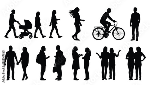 Diverse silhouettes of people engaged in various outdoor activities are shown in a simple black and white style