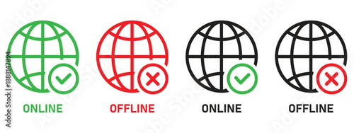 Set of online and offline internet icons, red and green vector symbols including globe with no signal and full signal, ideal for network status graphics, internet connectivity design