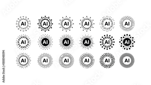 A collection of circular emblems featuring the letters ai within decorative dotted radial designs is displayed
