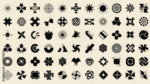 An assortment of various black symmetrical geometric shapes arranged in a grid pattern on a beige background