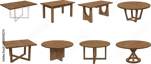 Wooden table icon set with round and rectangular tops, vector illustration, editable design, isolated furniture structure symbols