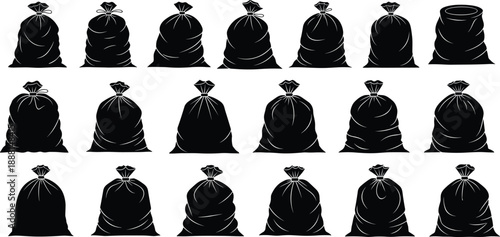 Black Garbage Bag Silhouette Collection with Varied Shapes for Waste Management, Object Recognition, and Graphic Design ProjectsWeb