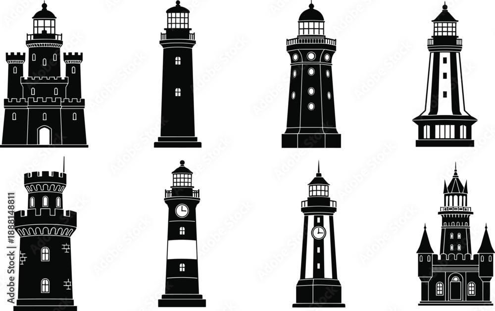 Obraz premium Lighthouse Silhouette Collection Featuring Diverse Architectural Styles for Nautical Design, Coastal Illustration, and Maritime-Themed Projects