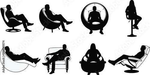 Seated Figure Silhouette Collection Featuring Modern Chair Designs and Relaxed Postures for Ergonomic, Interior, and Lifestyle Projects