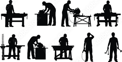 Woodworking and Construction Worker Silhouette Collection Featuring Tools and Workstations for Craftsmanship, Labor, and Industrial Design Projects