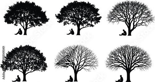 Tree and Seated Figure Silhouette Collection Featuring Varied Foliage and Relaxed Postures for Nature, Reflection, and Seasonal Design Projects