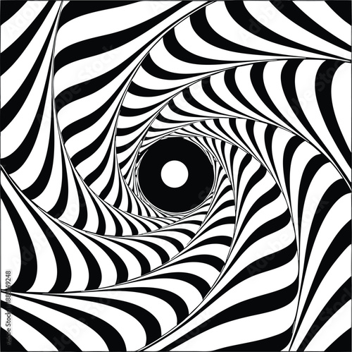 Black and white swirling vortex with central white circle abstract tunnel