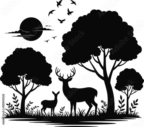 Silhouette of a deer family with trees, birds, and a moonlit sky creating a serene forest landscape scene