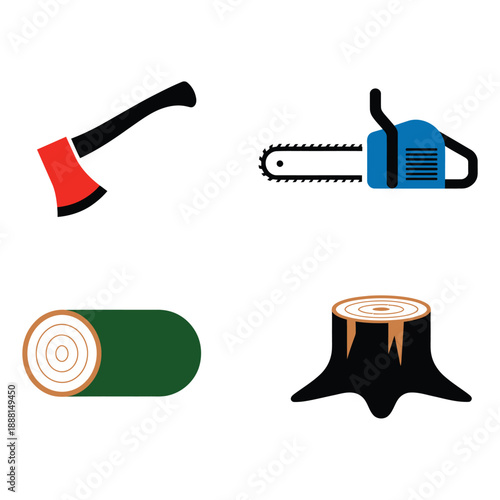 Axe, Chainsaw, Logs, and Tree Stump wood