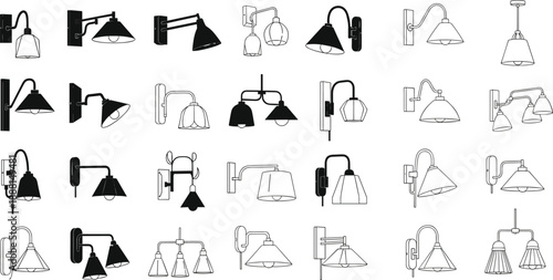 Wall and ceiling light fixture icon set, vector illustration, editable design, isolated interior lighting structure symbols