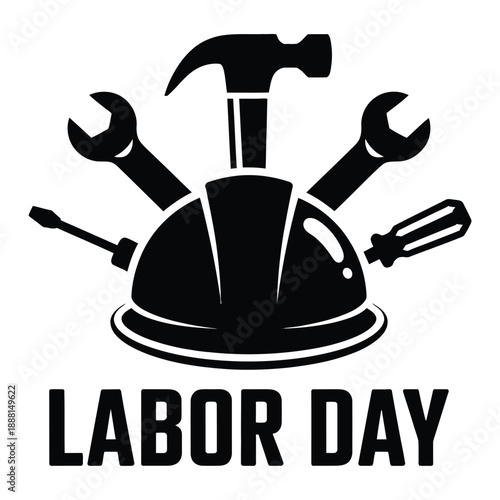 Black and white labor day with tools and hat hammer