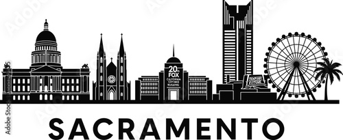 PrintSacramento skyline silhouette illustration featuring California State Capitol, cathedral spires, Ferris wheel and modern towers, iconic architectural 