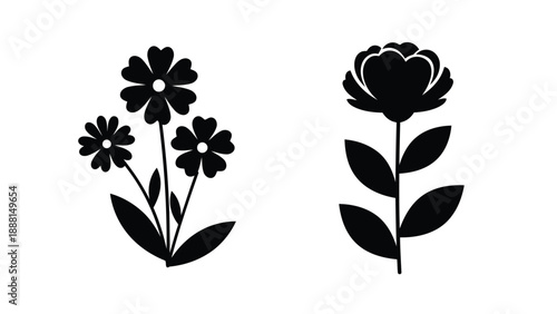 Silhouetted floral arrangement depicting a cluster of wildflowers and a single rose bloom in black