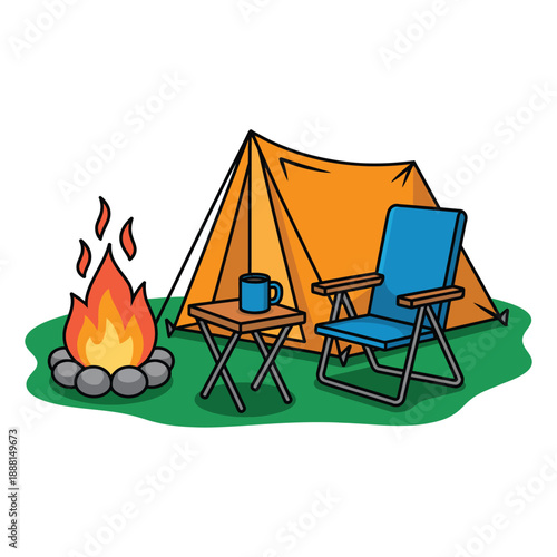 Camping scene with orange tent, blue chairs, and campfire