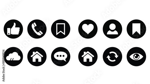 A collection of various black social media and communication icons displayed in circular frames neatly arranged