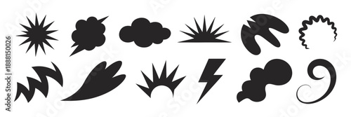 A collection of abstract black shapes representing various energetic and decorative elements