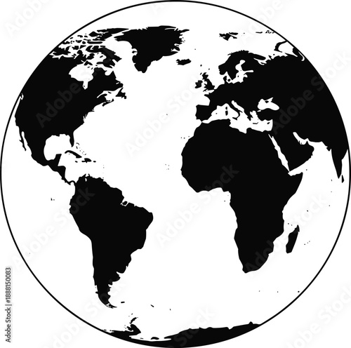 Black and white world map globe illustration showing continents and oceans, minimalist earth vector design for geography, global business, travel concepts, education, cartography