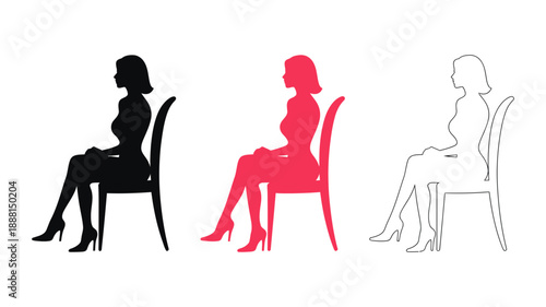 Elegant woman sitting on a chair depicted in black, red, and outline silhouettes