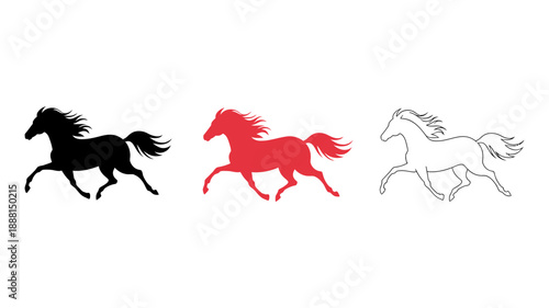 Three majestic horses galloping in a vibrant display of black, red, and outline forms