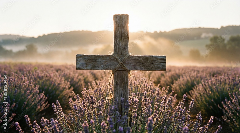 Fototapeta premium Wooden Cross in Lavender Field at Sunrise