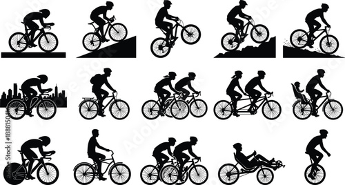 PrintSet of Black Bicycle Silhouettes Featuring Mountain Biking Road Cycling Tandem Recumbent and Unicycle Styles for Outdoor Sport Fitness Transportation and Recreational Graphic Design
