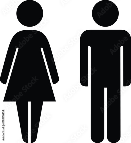 Male and female restroom symbols icon set showing gender pictograms in solid black silhouette style for toilet signage, user interface, wayfinding, and public facility design