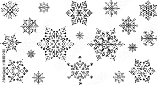 Hand drawn snowflake collection illustration in black and white featuring decorative winter elements, festive Christmas designs, intricate geometric ice patterns for holiday cards, prints, crafts
