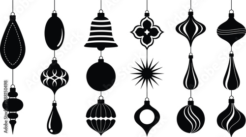 Set of hanging Christmas ornaments silhouettes in elegant black style, featuring decorative baubles and festive shapes, ideal for holiday design, winter decor, greeting cards