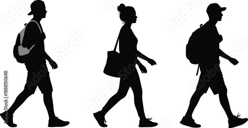 Walking people silhouette illustration with backpacks, casual urban lifestyle concept, black and white vector design showing travelers, pedestrians, students, and commuters in modern minimalist style