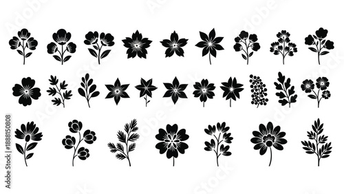 A collection of intricately designed black floral silhouettes arranged in neat rows showcasing botanical artistry