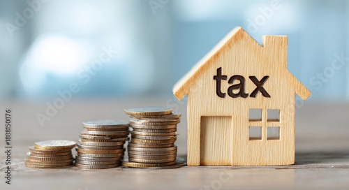 Property tax concept with wooden house model and stacked coins