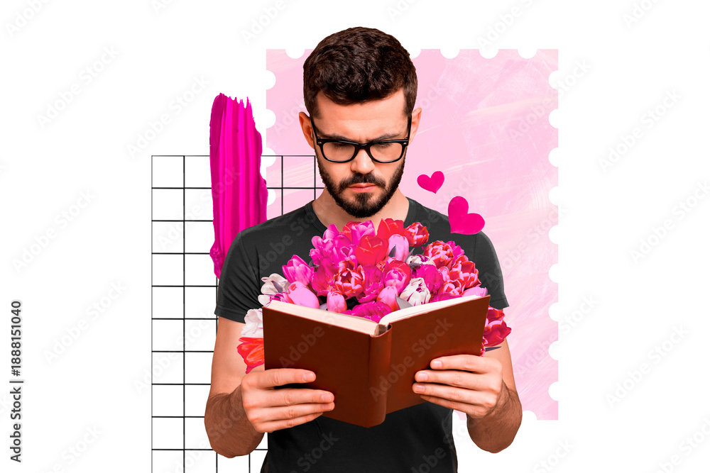 Fototapeta premium Composite photo collage of serious man hold open book tulips flowers international spring holiday present isolated on painted background