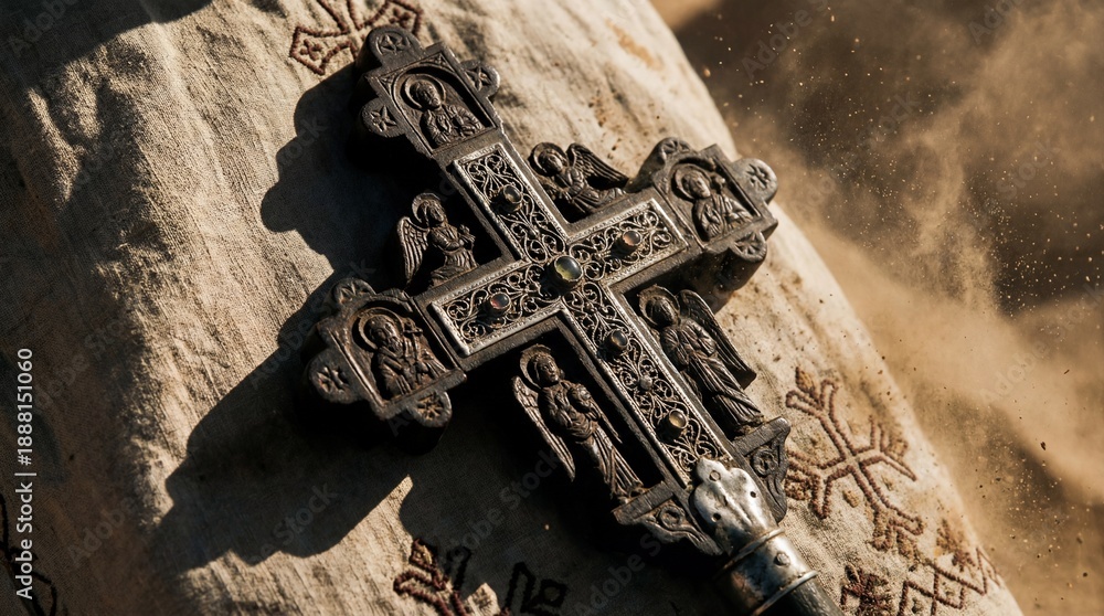 Fototapeta premium Ornate Eastern Orthodox Cross on Textile