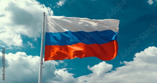 Russian national flag waving on flagpole against blue sky with clouds
